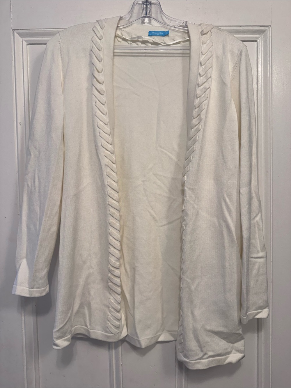 J. McLaughlin Cream Open-Front Cardigan with Braided Trim